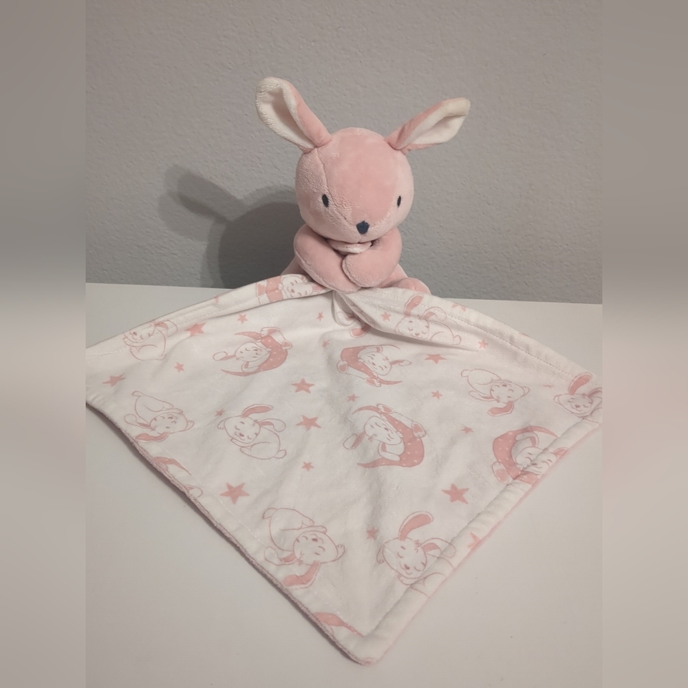 Rene Rofe Pink Bunny Lovey Holding Security Blanket White Moon & Stars Plush